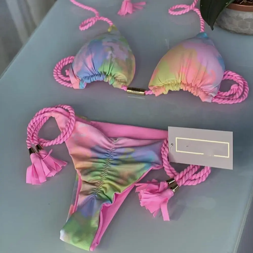 Nouveau Dames Sexy imprimé corde Bikini maillot de bain fendu