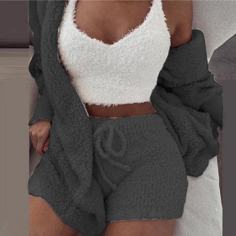 Conjunto de Pijamas esponjosos para mujer, ropa de dormir informal, camiseta sin mangas y pantalones cortos, Sudadera con capucha de talla grande, traje de casa de ocio, Pijamas de invierno de 3 piezas