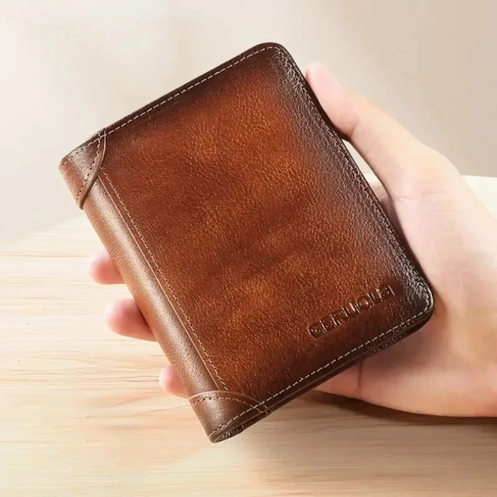 กระเป๋าสตางค์ผู้ชายหนังแท้ Rfid Blocking Trifold กระเป๋าสตางค์ Vintage บางสั้น Multi Function ID บัตรเครดิตผู้ถือกระเป๋าสตางค์ชายเงิน