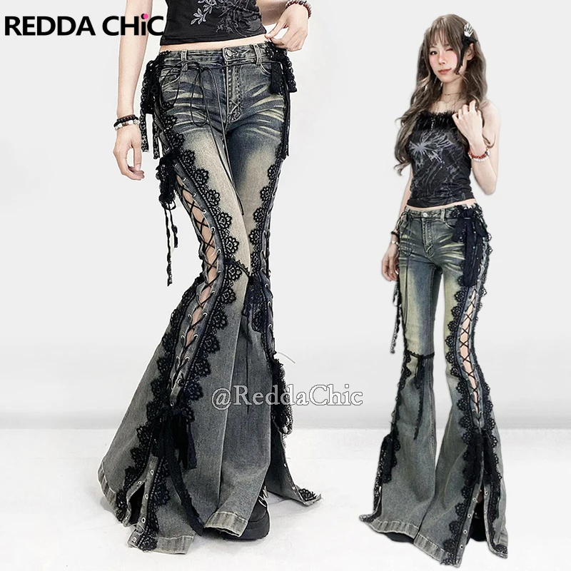REDDACHiC Eyelets Lace Up Flare Jeans Retro Stitch Lace Whiskers Slim Low Rise Split Bootcut Pants Women Bell Bottoms Streetwear