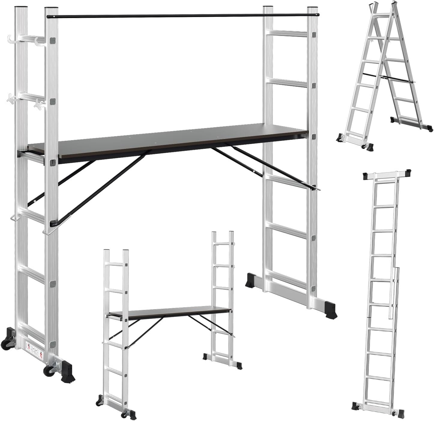 Aluminiowa drabina wielofunkcyjna 4 w 1, 6 + 6 stopni, mobilna z platformą, 2 koła, rusztowanie robocze, maksymalne obciążenie 150 kg, srebro.