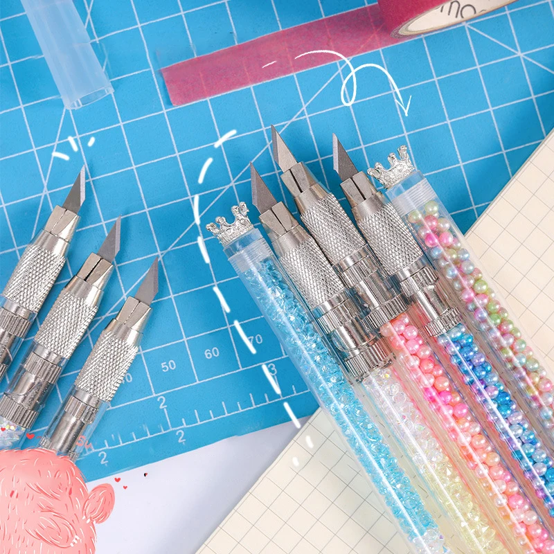 น่ารักมีดปากกามีฟองรูปมงกุฎน่ารักใบมีดยูทิลิตี้แบบ DIY เครื่องทำลายเอกสารงานฝีมือมีดสติกเกอร์ที่เปิดซองจดหมายเครื่องมือในสำนักงาน