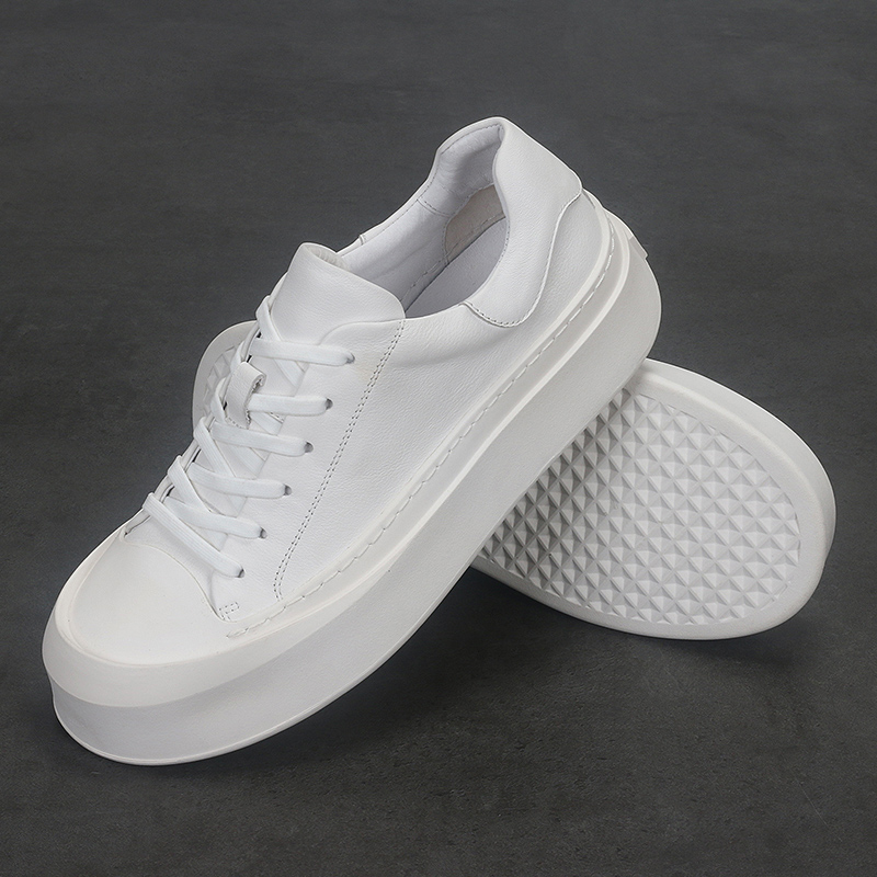 Sepatu kulit bundar pria, Kasut kasual tahan aus sol tebal kepala bulat nyaman Low-top modis