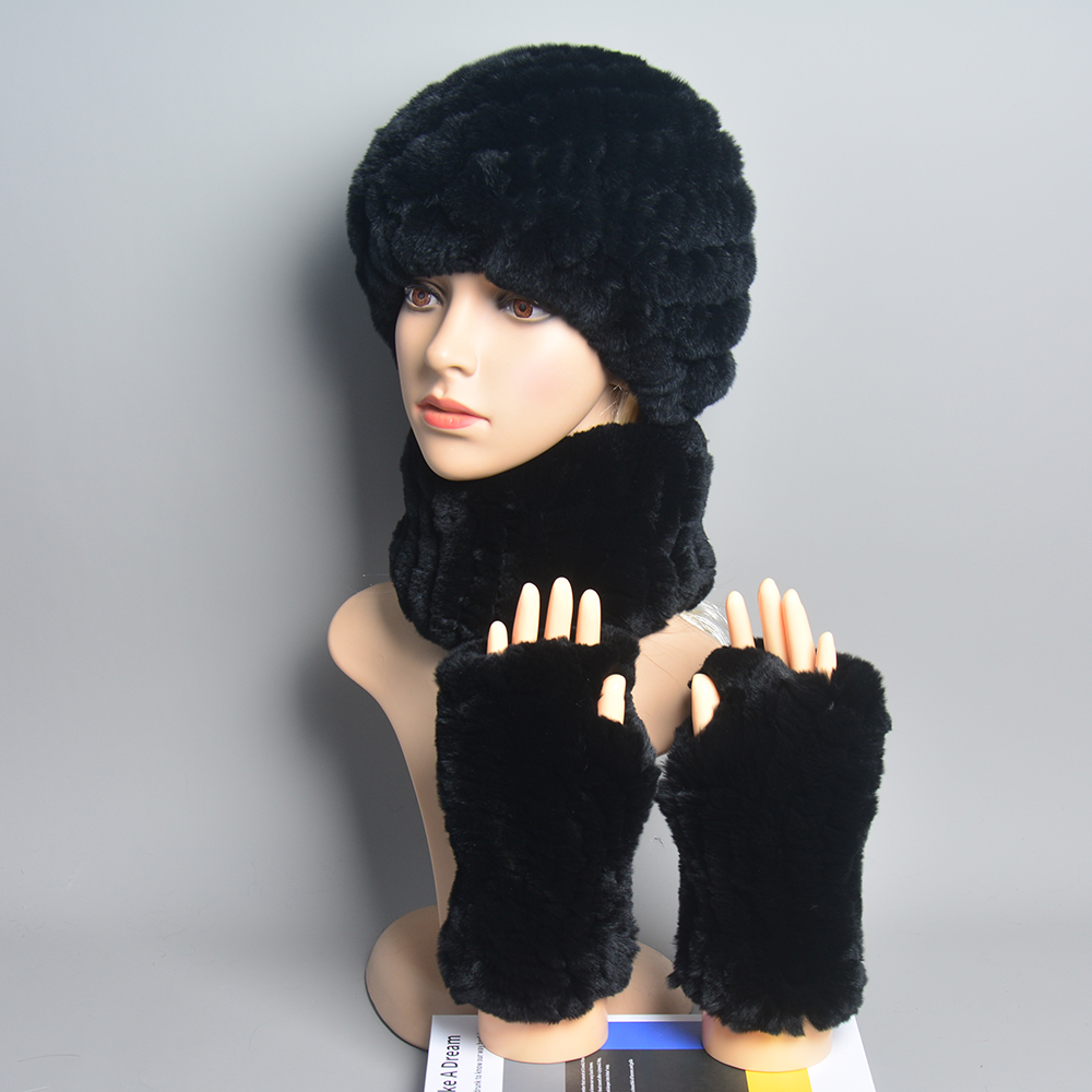 Winter Frauen Qualität Echtpelz Schal Hut Handschuh Sets Echt Rex Kaninchen Pelz Gestrickte Mützen Hut Echtpelz Schal Rex kaninchen Pelz Handschuh