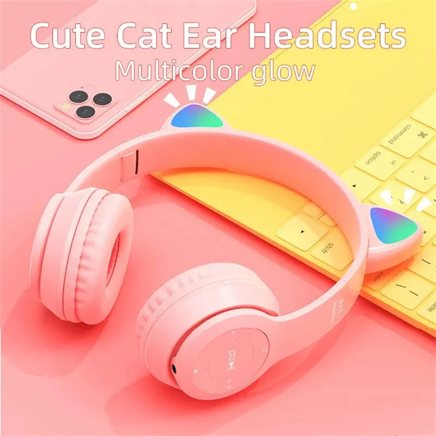 P47M Drahtlose Bluetooth Headset Gamer Katze LED Licht Wasserdichte Noise Cancelling Ohrhörer Drahtlose Kopfhörer Bluetooth Kopfhörer