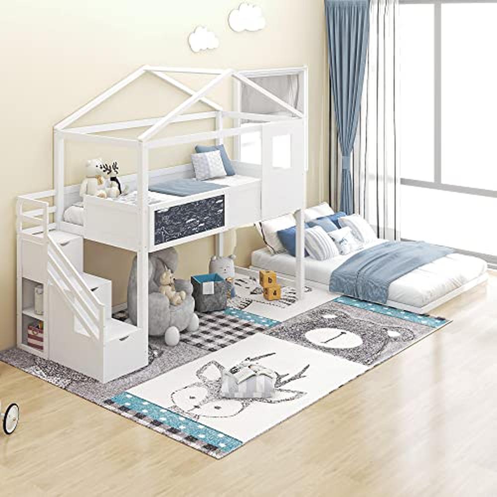 Creative Kids Mini Loft Bed with Storage Stairs & Play Area House Bunk Beds