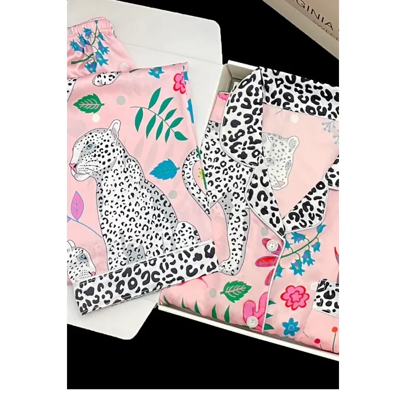 Ropa de dormir con estampado de leopardo y nieve, conjuntos de Pijama de primavera y otoño, pantalones largos de manga larga, Pijamas con solapa empalmada, ropa de dormir de seda satinada