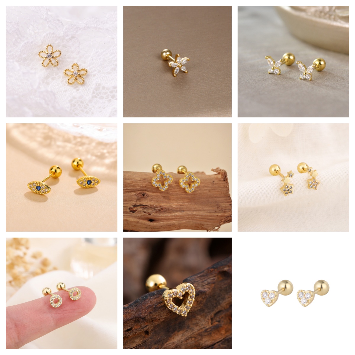 IFYOUOO 2Pcs Fashionable and Minimalist Gold Series Multiple Shape Stud Earrings Flower Star Butterfly Eyes Elegant Jewelry