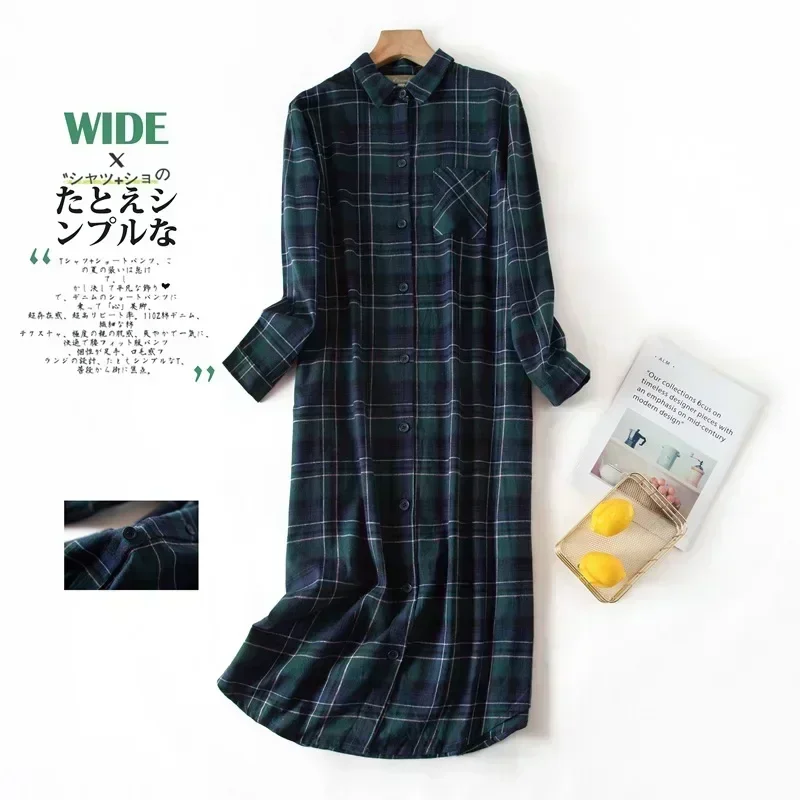 Camisa de dormir de manga comprida vestido de noite para mulher xadrez multi cores plus size camisa camisola cardigan noite para senhoras