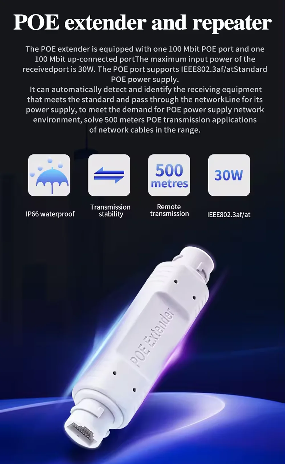 Extensor/repetidor POE para exteriores, resistente al agua, extensión de 200 metros, adaptador de inyector POE IEEE802.3at/af