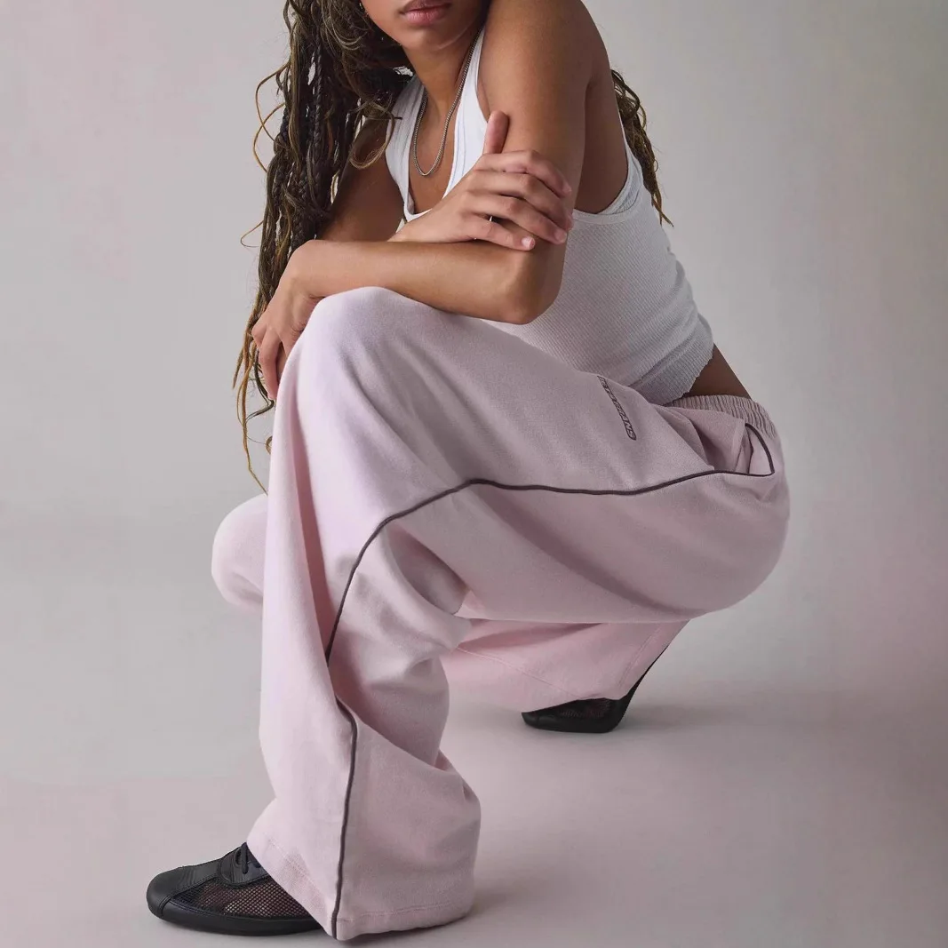 Pantalones Casuales, новые розовые повседневные брюки с вышивкой для женщин, свободные и удобные прямые брюки с эластичной резинкой на талии, новинка 2023 года