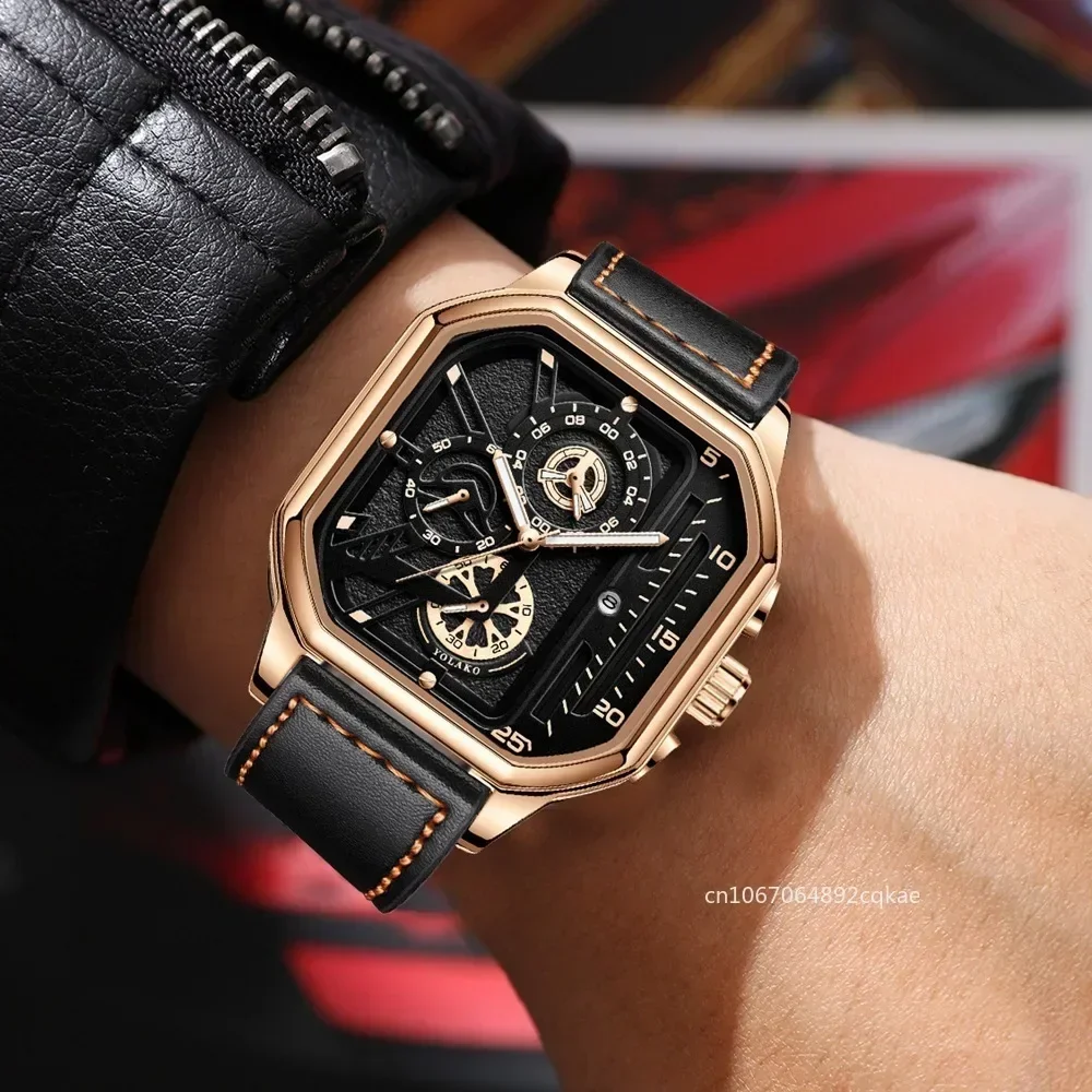 ผู้ชายนาฬิกาควอตซ์นาฬิกาธุรกิจผู้ชายนาฬิกาสายหนัง PU Big Dial Square กีฬานาฬิกา Cool นาฬิกาข้อมือสีดําสําหรับ Man