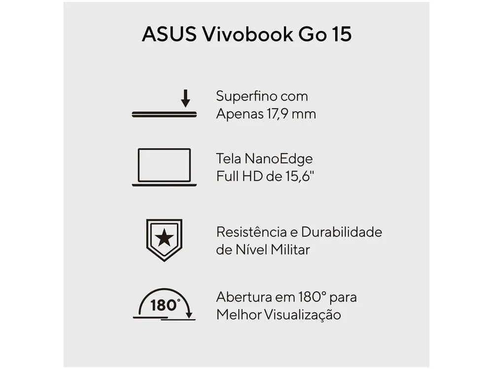Notebook Asus Vivobook Go 15 Intel Core i3 N305 8GB RAM SSD 256GB Full HD Windows 11 E1504GA-NJ434W