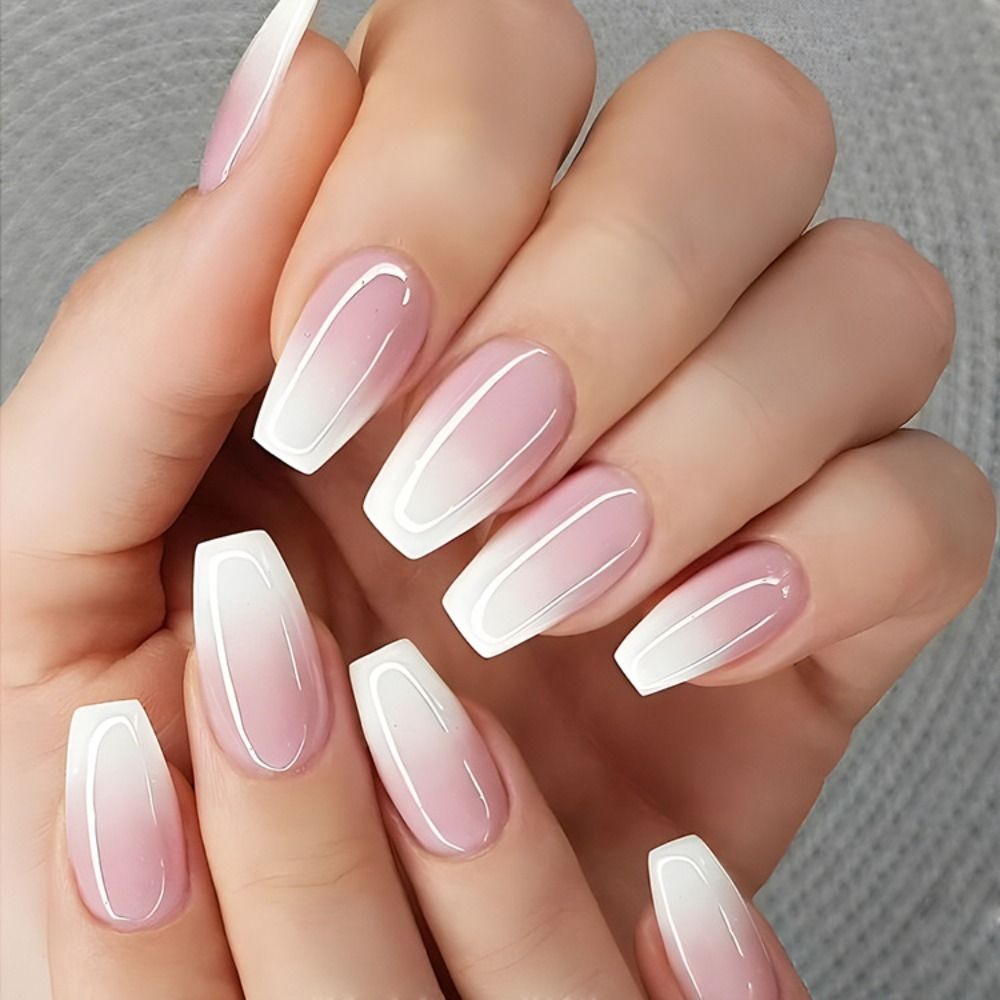 Impermeável Gradiente Unhas Postiças, Francês Bailarina Prego, Médio Caixão Unhas Postiças, Pressione em Unhas Dicas, 24pcs