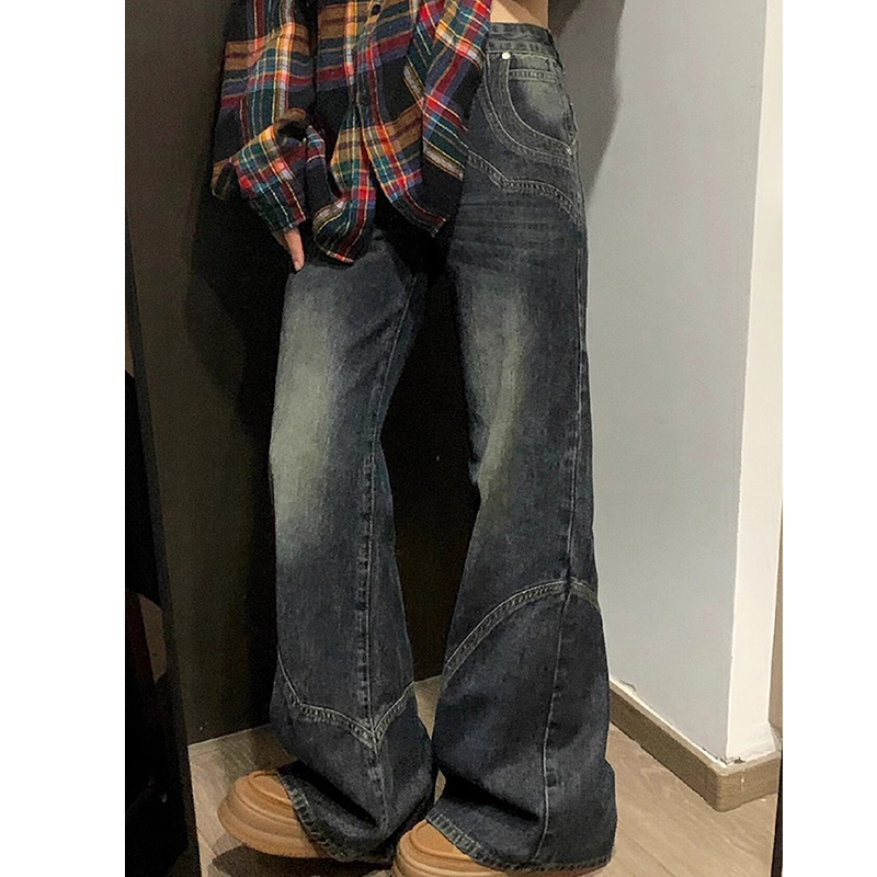 Y2K スパイシーガールダークシリーズワイドレッグジーンズ女性の新しいハイストリートスプライシングルーズハイウエスト痩身フレアパンツ