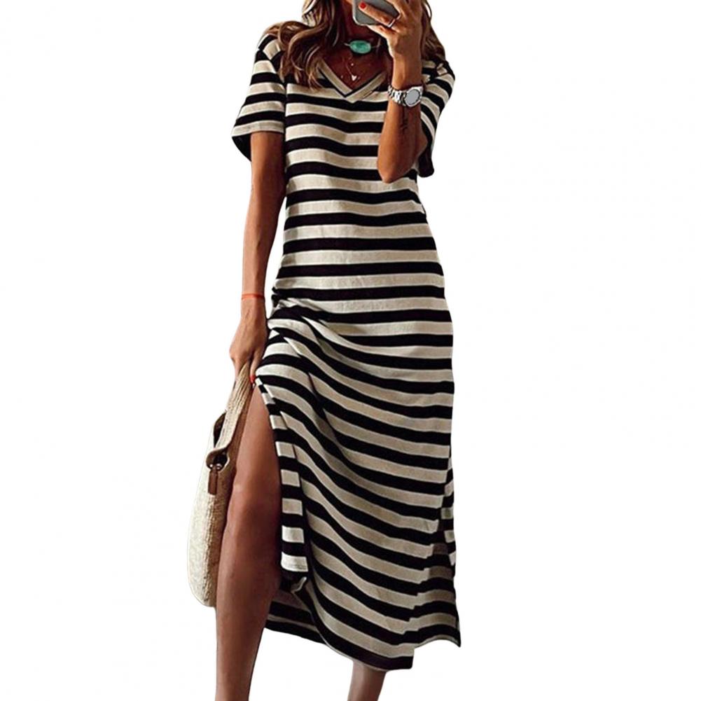 Sommer Kleider 2023 Frau Plus Größe Kleider Für Frauen Casual Streifen Druck V-ausschnitt Kurzarm Lose Lange Kleid Robe Femme