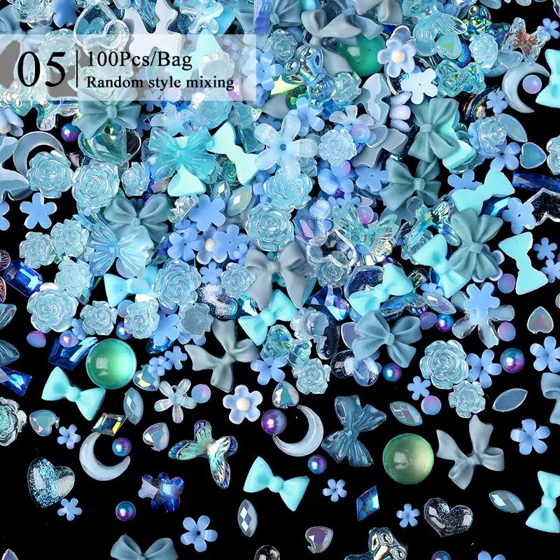 100 Uds. De abalorios para uñas de resina 3D, color rosa y morado, flores, corazón, oso, decoración artística de uñas mixta, cinta rosa Kawaii, lazo, pieza para uñas DIY