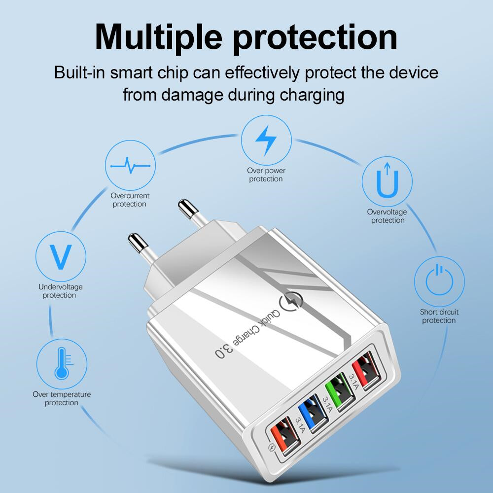 Carregador usb 3.1a, 4 portas de carga rápida 3.0, adaptador de carregador de celular para tomada ue/eua, iphone, samsung, xiaomi, parede, carregador móvel