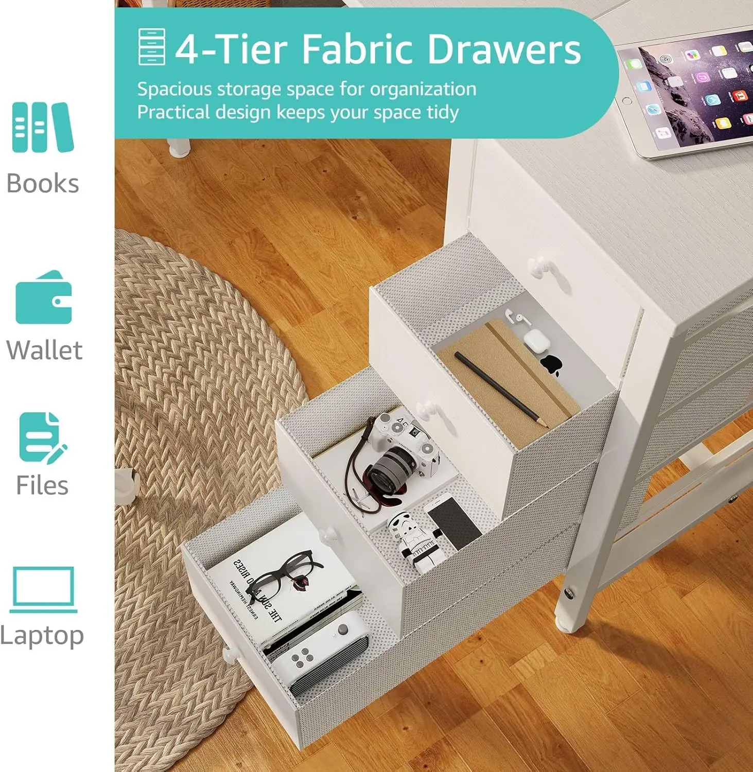 White Computer Desk with Drawers & Storage Shelves, 47 Inch Study Work Writing Desk for Home Office Bedroom, Simple Modern