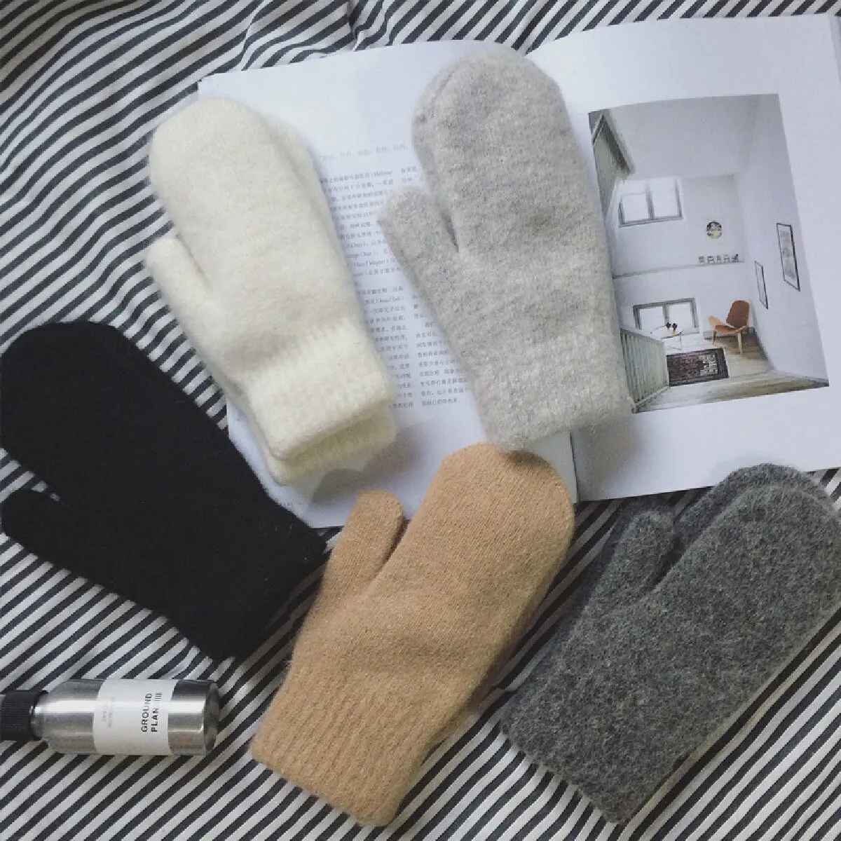 Neue Frauen Winter Warm Halten Plus Kaschmir Feste Elastizität Weiche Volle Finger Handschuhe Handschuhe Nachahmung Kaninchen Fell Gestrickte Nette