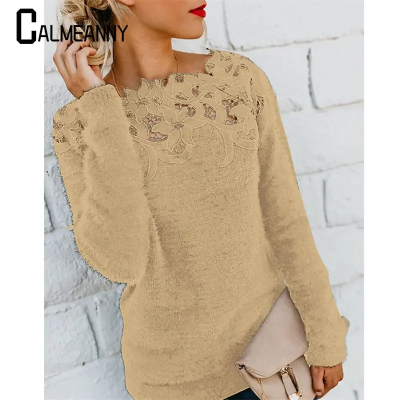 Outono inverno doce coreano moda casual sólido pulôver o-pescoço pulôver de pelúcia quente suor senhoras camisola de renda camisola de malha feminina