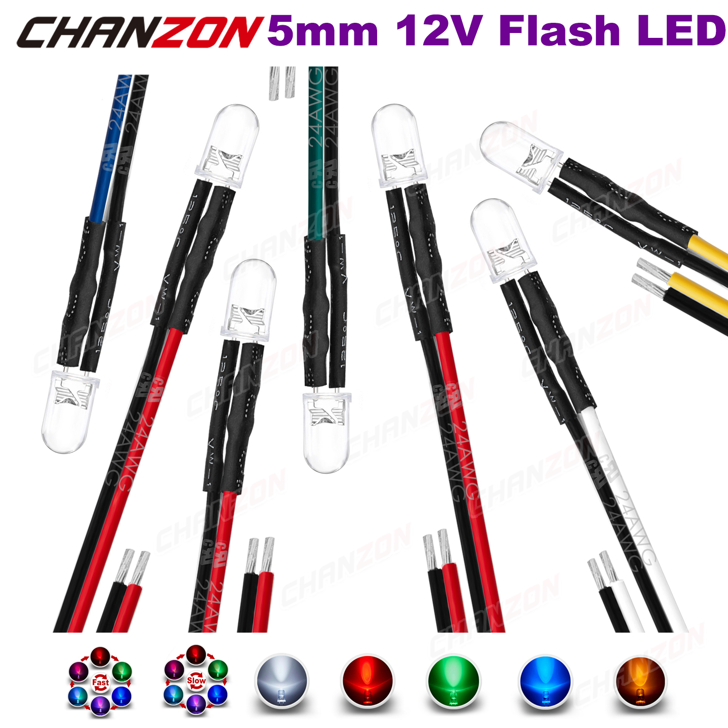 20 Stück 5 mm 12 V LED-Dioden blinkende vorverdrahtete Lichtperlen blinkend weiß rot grün blau gelb RGB schnell langsam Blitz DIY Vordrahtlampe