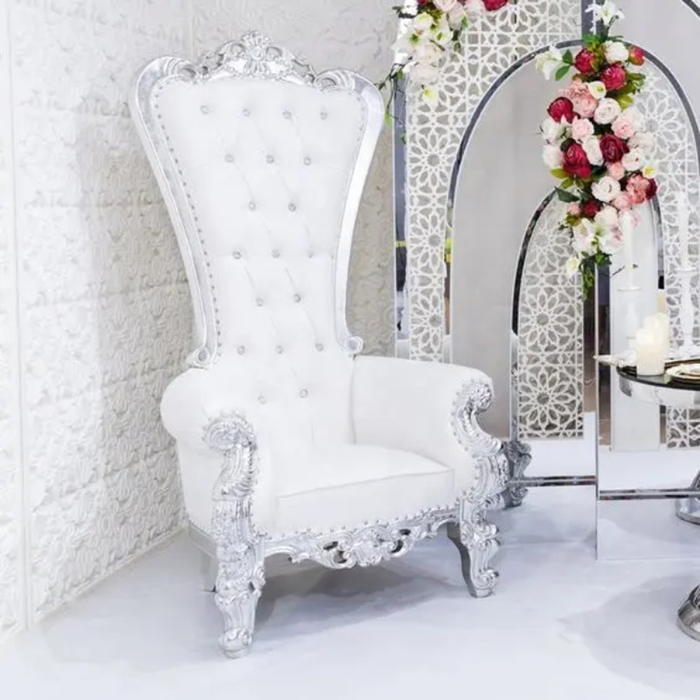Luxury king and queen high back silver white royal king high back throne chairs wedding for hotel used