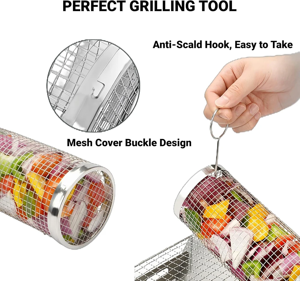 1 pz rack per tamburo per barbecue in acciaio inossidabile con manico mobile da campeggio per barbecue cilindrico Baskr adatto per verdure e campeggio sulla carne