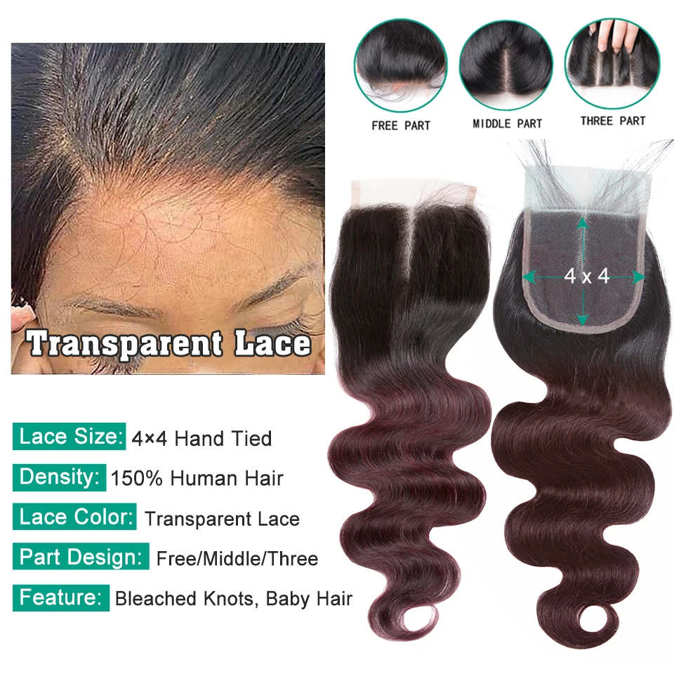 1b 99j onda do corpo pacotes com fechamento remy cabelo humano brasileiro ombre borgonha pacotes de cabelo com 4x4 fechamento do laço transparente