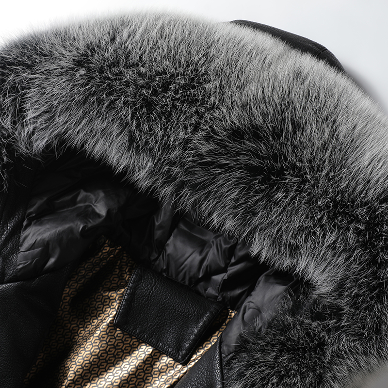 Abrigo de plumón de cuero genuino negro a la moda para mujer, abrigo con capucha de piel de zorro cálida con cordón para invierno, prendas de vestir exteriores de piel de oveja para mujer