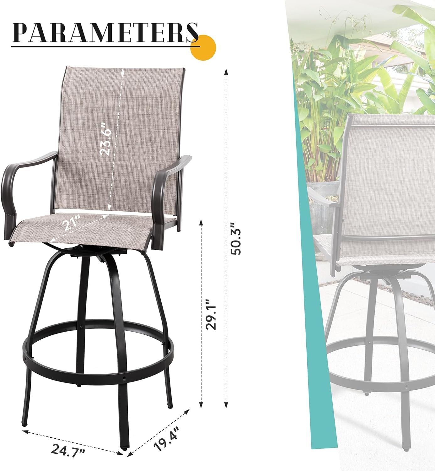 All-Weather Metal Textile High Swivel Bar Stools, 2-Piece Patio Swivel Chairs, Outdoor Bistro Set for Backyard