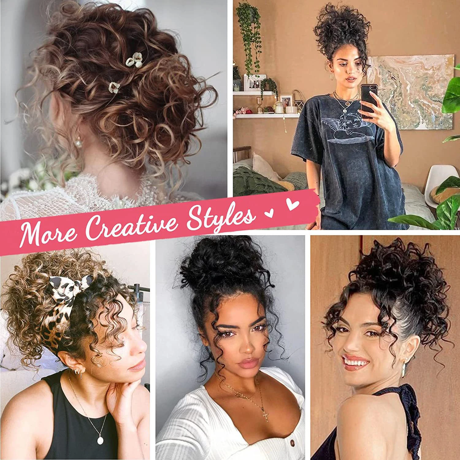 Estensione coda di cavallo corta riccia per chignon disordinato in fibra sintetica - Pezzi di chignon per capelli sciolti con coulisse elastica per donne con capelli diradati
