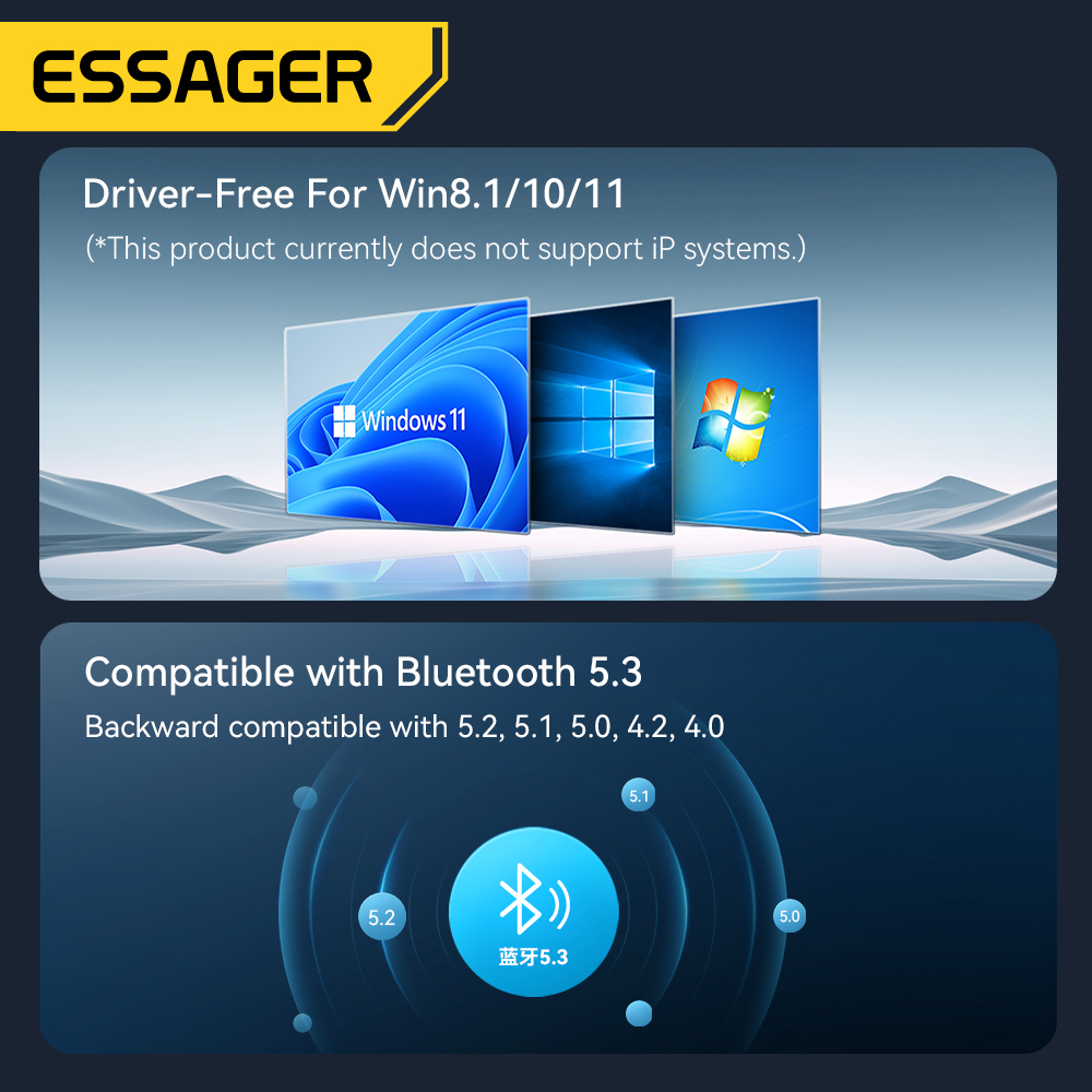 Essager adaptador bluetooth usb bluetooth 5.3 para pc dongle adaptador sem fio mouse keyborad música receptor de áudio transmissor usb