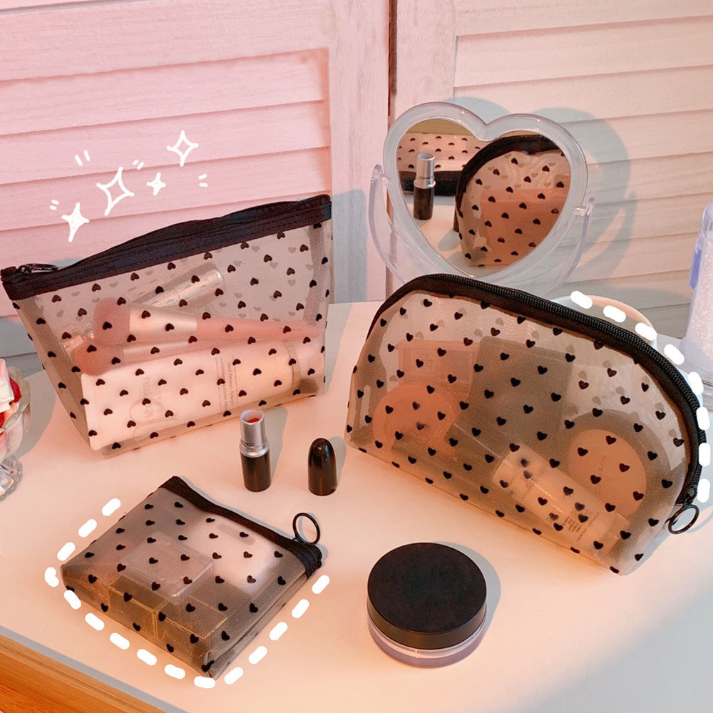 Heart Transparent Mesh Makeup Bag Multifunction Portable Women Cosmetic Storage Pouch Ladies Toiletry Lipstick Organizer Bags