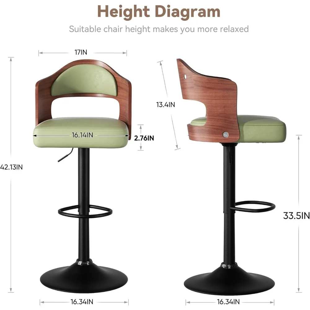 Swivel Bar Stools Set of 2 Seat Adjustable Height 24.5-33.5IN, Wooden Barstools PU Leather Upholstered Bar Chairs with Back & Fo