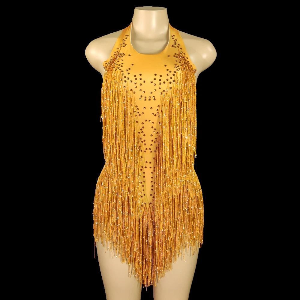 Sparkly Strass Fransen Trikot Frauen Nachtclub Party Outfit Tanz Kostüm Einteilige Bühne Tragen Sexy Leistung Body