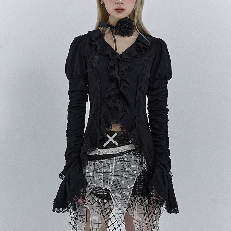 Karrcat-camisa gótica de encaje negro, blusas irregulares de estética oscura, estilo Yamamoto, camisa de manga acampanada Grunge con cuello en V, Vintage Y2k Emo