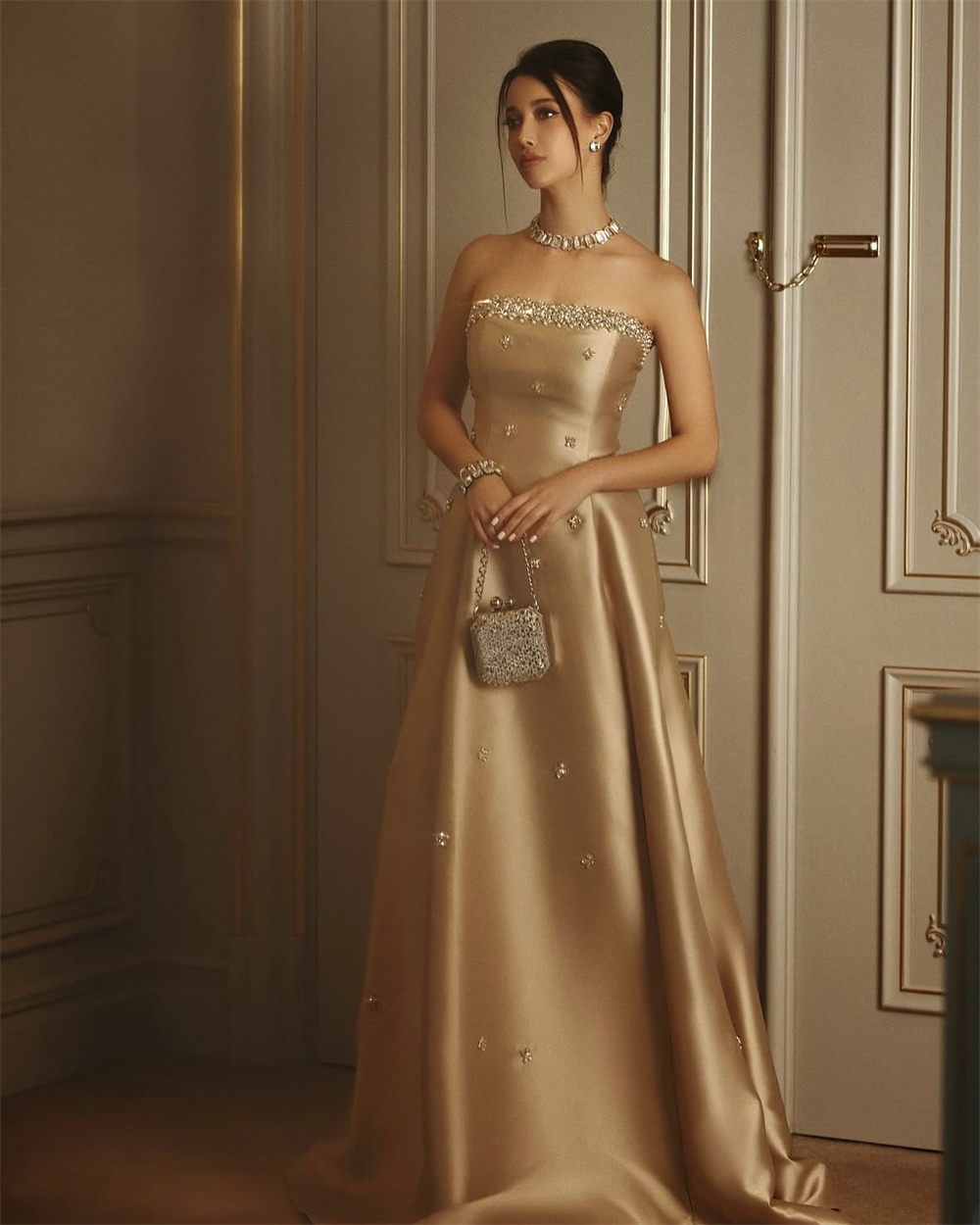 Contessa Dubai Champagne Gold A-line Glitter Prom Dresses Strapless Floral Customized فساتين سهرات Sweep Train robes de soirée