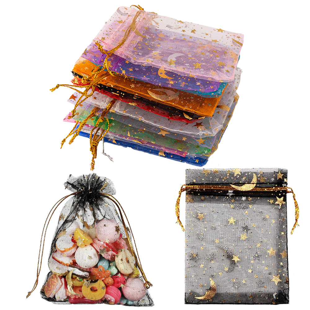 50 stücke Gemischte Farbe Mond Sterne Organza Beutel Schmuck Süßigkeiten Beutel Kordelzug Für Kleine Unternehmen Party Gefälligkeiten Verpackung Liefert