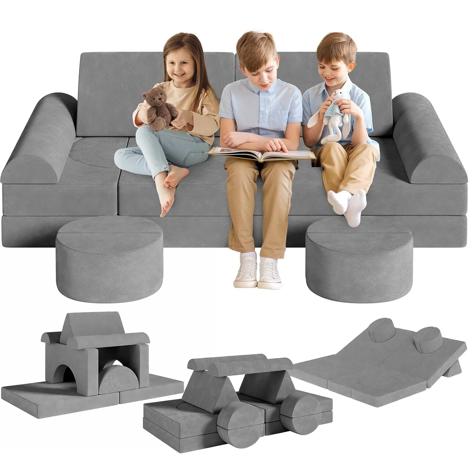 Divano per bambini da 14 pezzi, divano da gioco in schiuma, divano modulare per bambini grigio