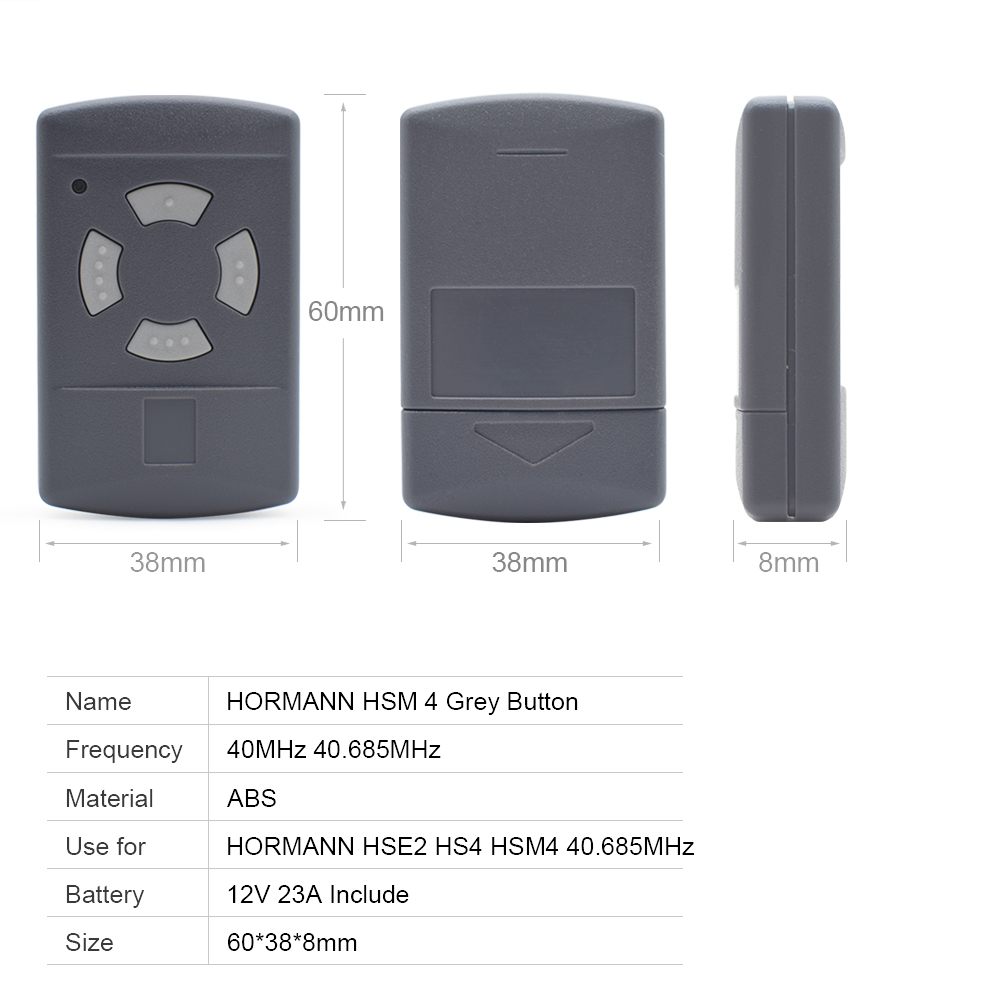 For HORMANN HS4 / HS2 / HSM2 / HSM4 / HSE2 / HSE4 40 Grey Buttons 40.685 MHz Replacement Remote Control