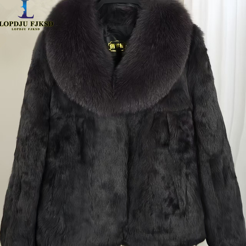 Echte Konijnenbontjas Vrouwen Herfst Winter Korte Jas Dikke Warme Nieuwe Mode Vos Bontkraag Elegante Vrouwelijke Warme Bovenkleding