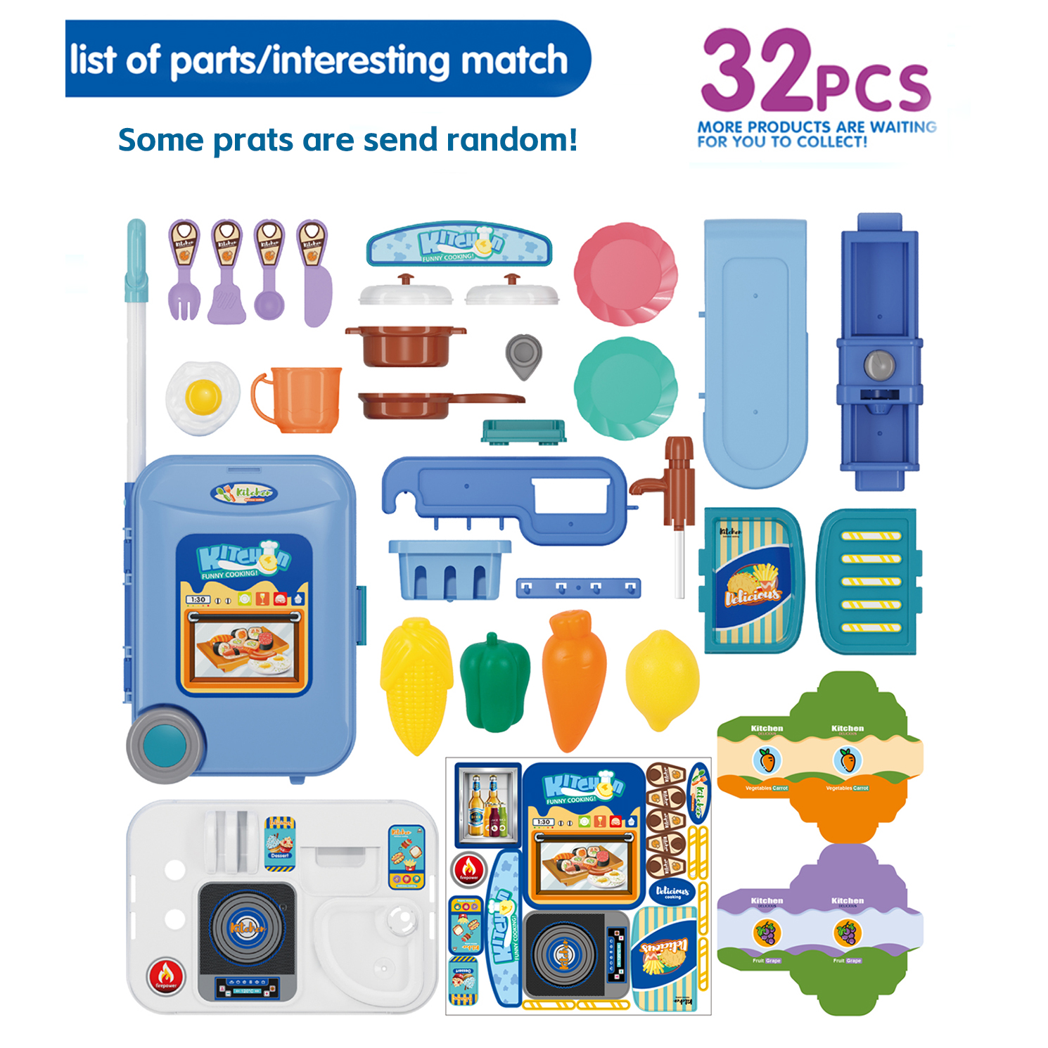 Mini 3-in-1-Küchenset, Spielzeugküche, Rollenspiel, integriert Aufbewahrungsboxen und Geschirr-Sets, tragbarer Koffer, Kochsets, Spielzeug