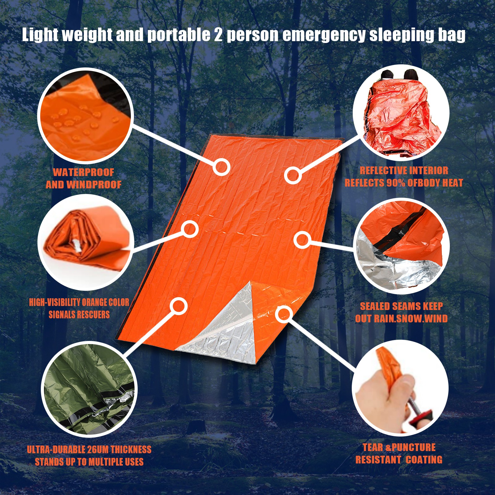 Sacco a pelo portatile impermeabile per sopravvivenza di emergenza Edc esterno Attrezzatura da campeggio Sacco termico Kit di salvataggio di primo soccorso Coperta in Mylar