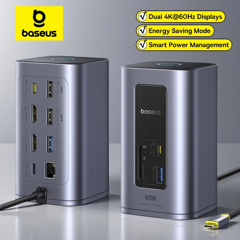 Адаптер Baseus 12-в-1 USB C HUB к HDMI 4K при 60 Гц с двойным дисплеем USB 3.2 и док-станцией RJ45 SD TF PD 100 Вт для концентратора Windows Mac