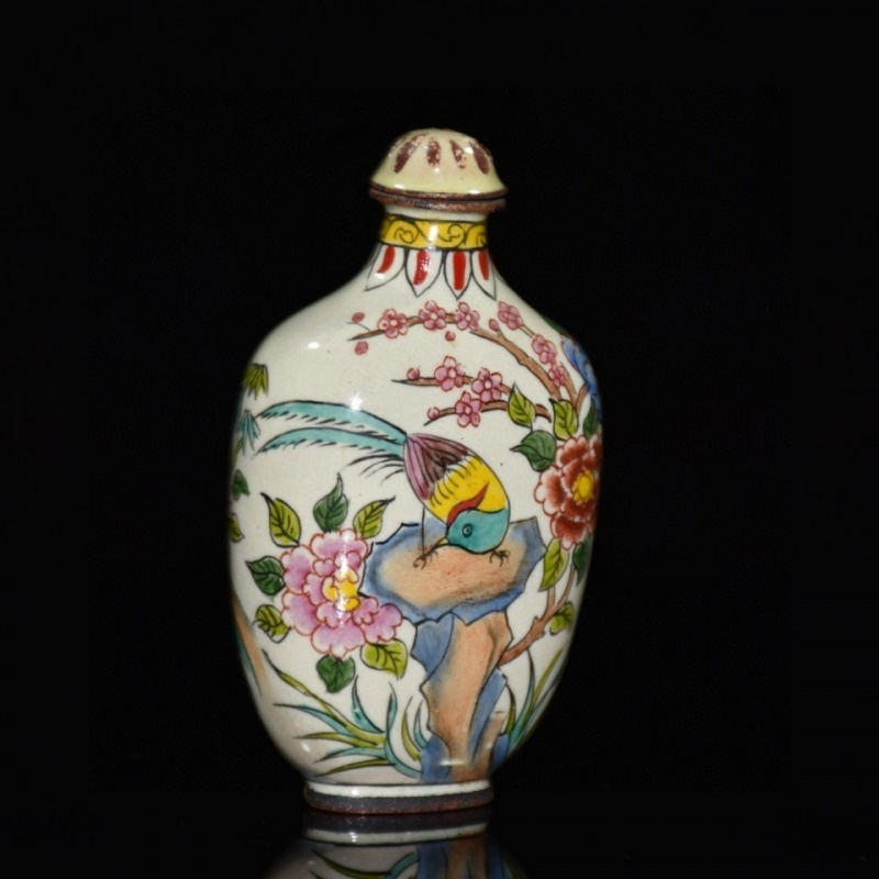 Early Collection Copper Body Enamel Flower and Bird Snuff Bottle Ornament Fine Workmanship