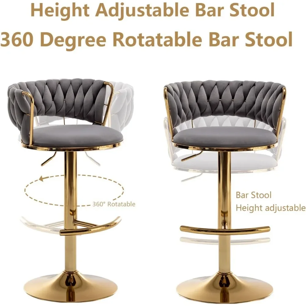 Gold Velvet Bar Stools Set of 4, Counter Height Bar Stools with Low Back, Swivel Stool for Kitchen Island, Bar Pub (Grey)