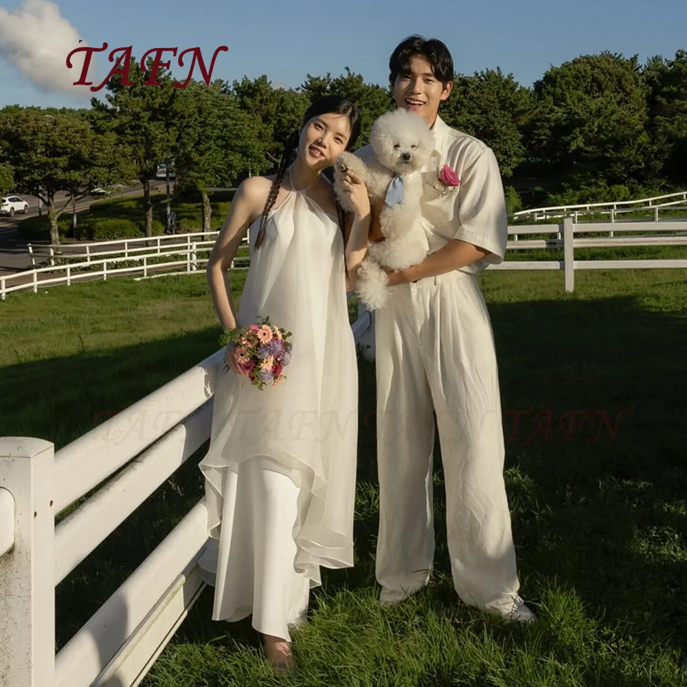 TAFN Gaun Pengantin Halter Gading Sederhana Gaun Pengantin Panjang Selantai Organza Sutra Pemotretan Korea Ritsleting Belakang Berlapis Disesuaikan