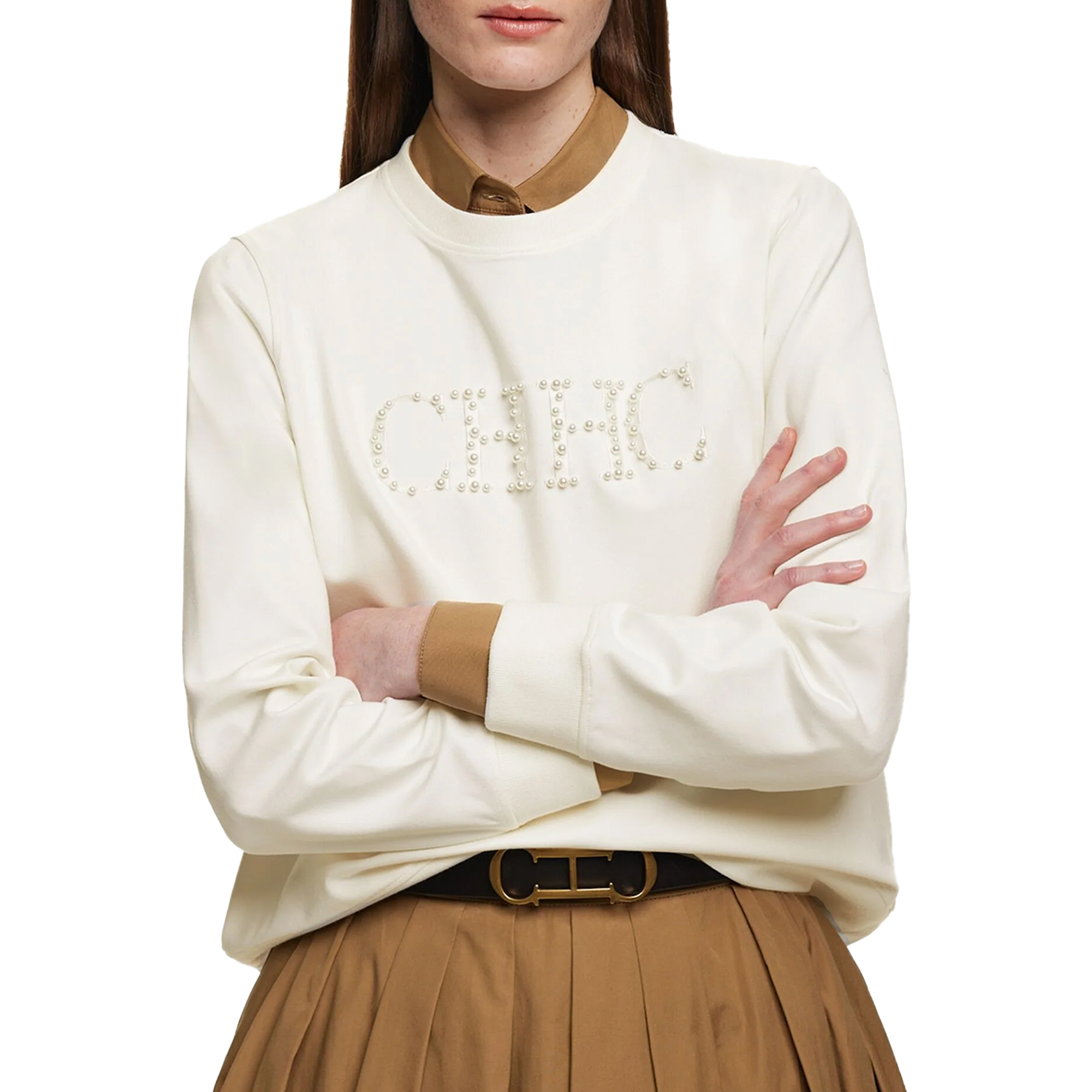 CHCH-Sudadera con capucha para mujer, Top sencillo con bordado de perlas, sudadera holgada de manga larga Beige, novedad de 2024