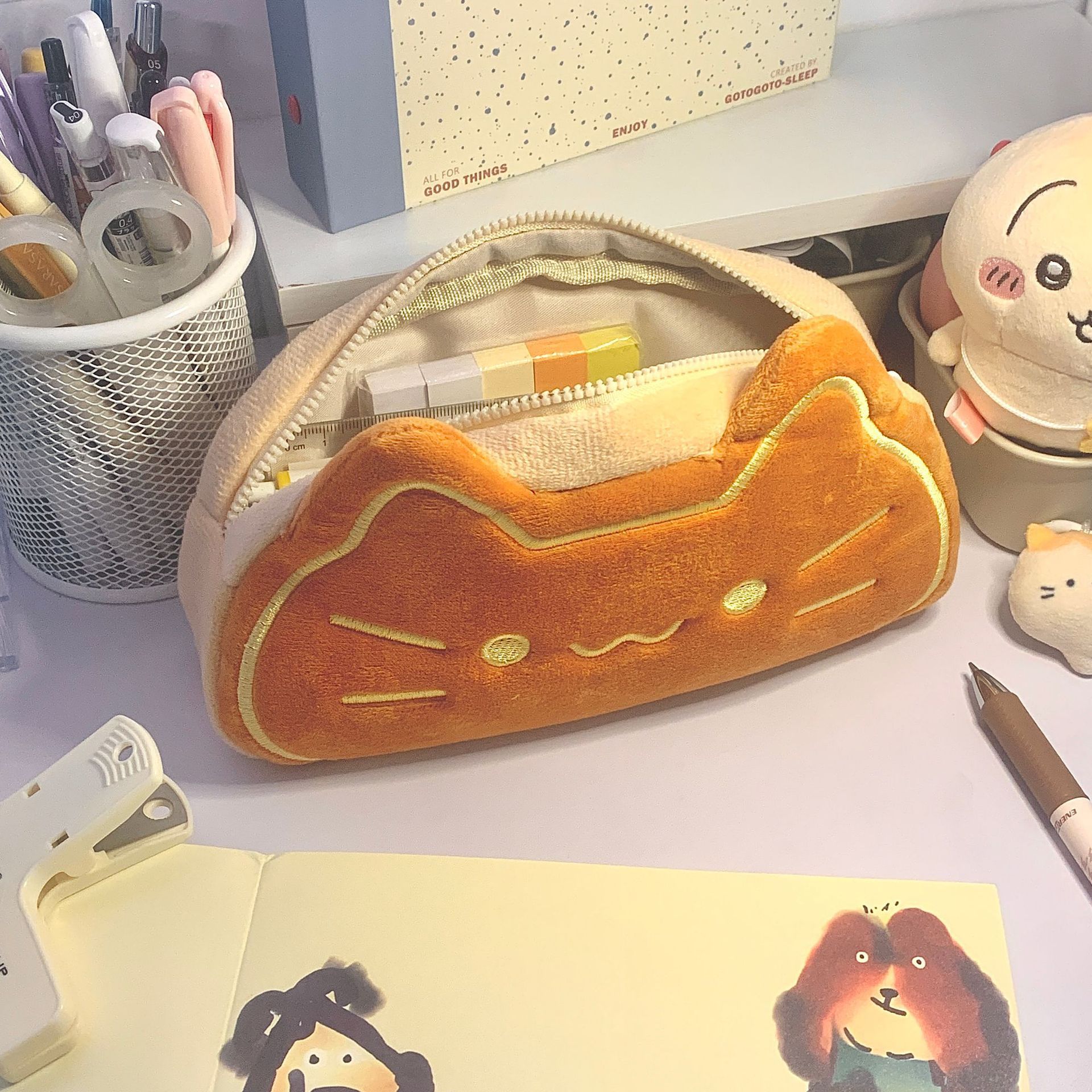 インスタイル漫画ペンケースかわいいキャラメル猫ペンバッグ大容量素敵なぬいぐるみ動物鉛筆オーガナイザーケース学用品 1pc